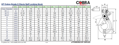 Technical drawing and specifications of a GT Cobra Grade 8 Clevis Self-Locking Hook