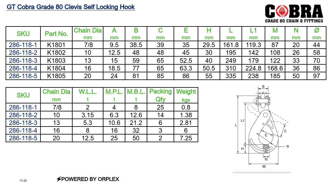 GT Cobra Grade 80 Clevis Self Locking Hook