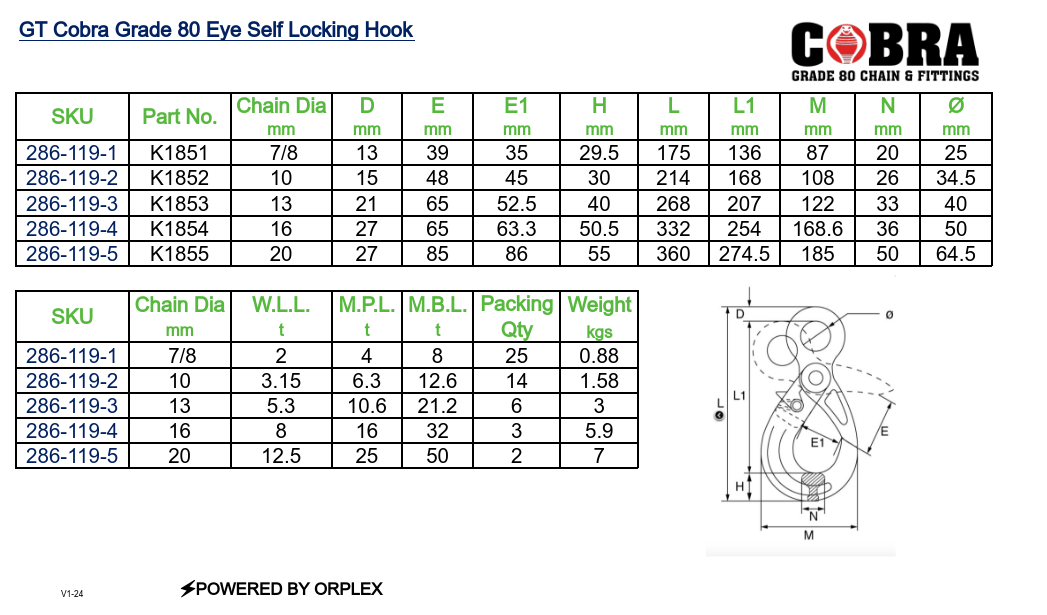 GT Cobra Grade 80 Eye Self Locking Hook