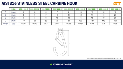 Table of Specification with technical drawing for GT Stainless steel carbine hook