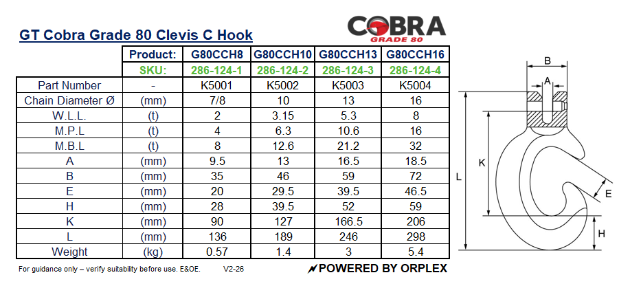 Technical Specifications Table with dimensions and labelled diagram for GT Cobra Grade 80 Clevis C Hook