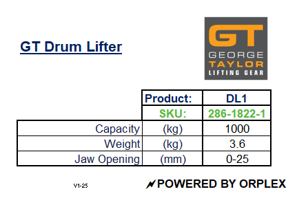 GT Drum Lifter Specification Table