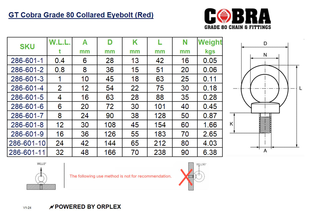 GT Cobra Grade 80 Eyebolt 36mm (M36) / 16.0t - Specification Specification