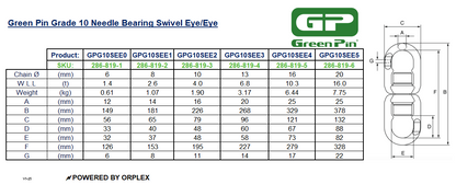 Green Pin Grade 10 Needle Bearing Swivel Eye/Eye Specification and Dimensions with Diagram