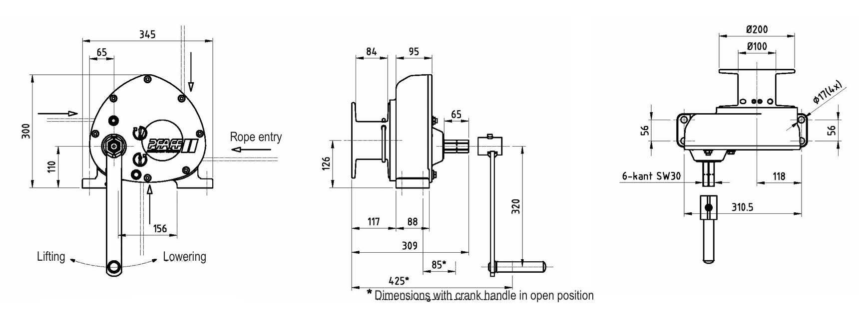 Pfaff OMEGA Console-Mounted Rope Winch Diagram with Dimensions