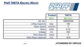 Pfaff THETA Electric Winch - Power 230v 50Hz - 100kg