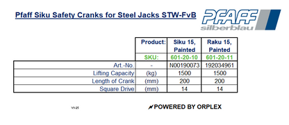 Pfaff Cranks for Steel Jacks STW-FvB Specification Table