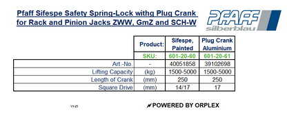 Pfaff SIFESPE Safety Spring-Lock with Plug Crank Specification Table