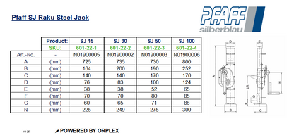 Pfaff SJ Raku Steel Jack Dimensions Table with Diagrams