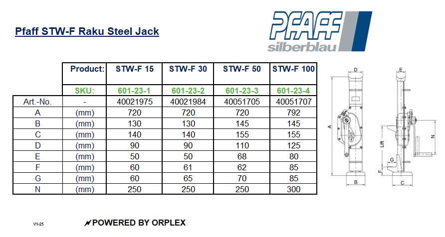Pfaff STW-F Raku Steel Jack Dimensions Table with Diagrams