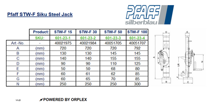 Pfaff STW-F Siku Steel Jack Dimensions Table with Diagrams