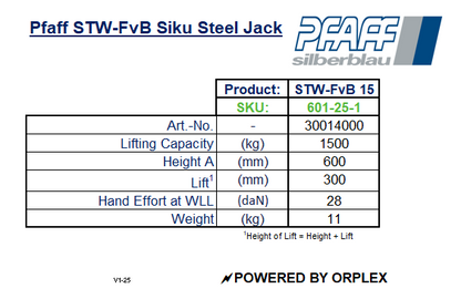 Pfaff STW-FvB Siku Steel Jack Specification Table