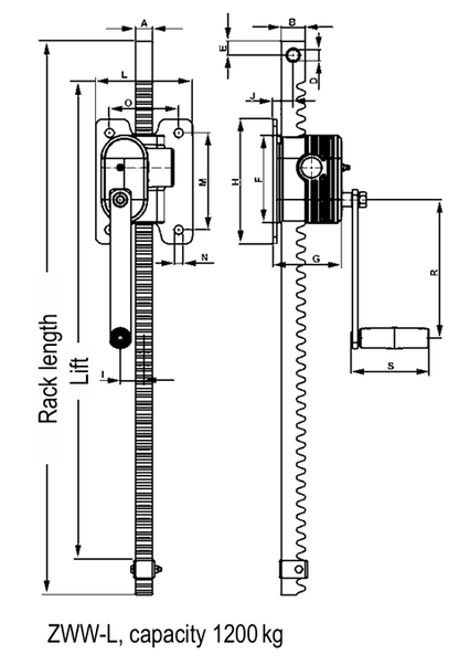 Technical Drawing of Pfaff 1200kg ZWW-L Rack & Pinion Jack