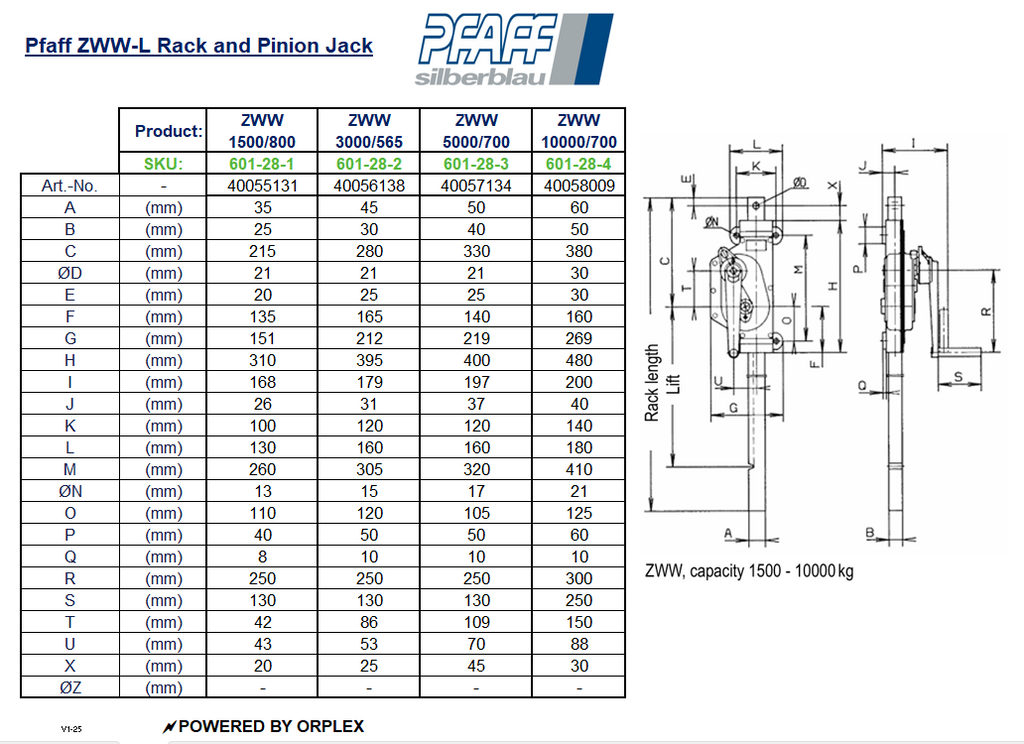 Pfaff ZWW 5000kg Rack & Pinion Jack – 700mm Lift - Dimensions