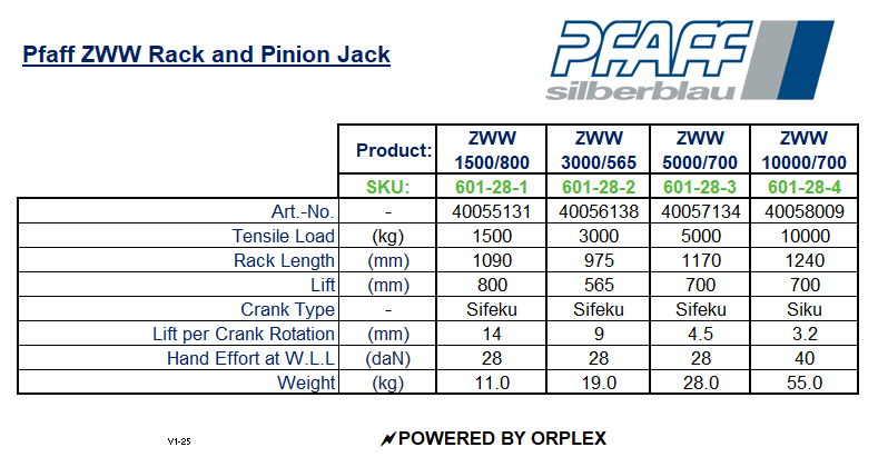 Pfaff ZWW 5000kg Rack & Pinion Jack – 700mm Lift - Specification Specification