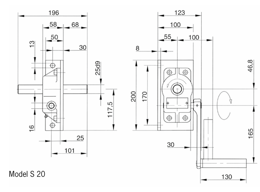 Pfaff S20 Worm Gear Drive – Hand Operated Gearbox 20:1 Dimensions Diagram