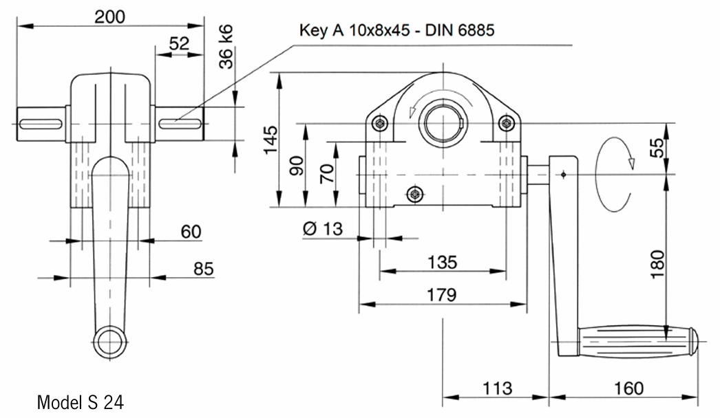 Pfaff S24 Worm Gear Drive – Hand Operated Gearbox 24:1:0 Dimensions Diagram