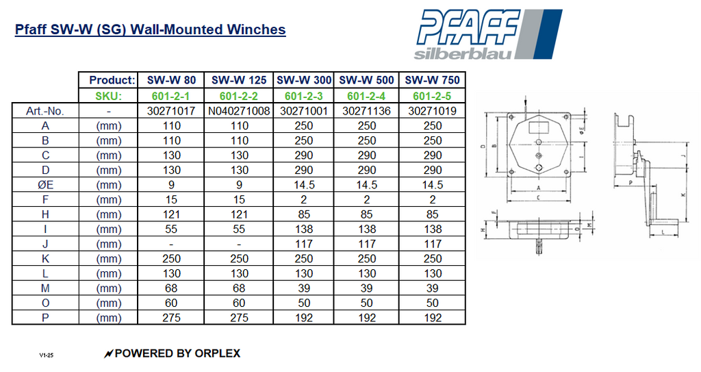Pfaff SW-W (SG) 750KG Wall-Mounted Winch - Dimensions