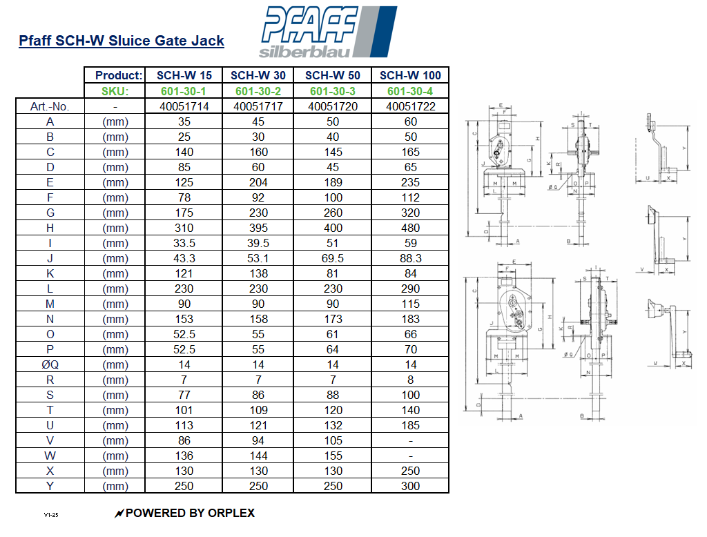 Pfaff SCH-W Sluice Gate Jack – 1500kg Capacity - Dimensions