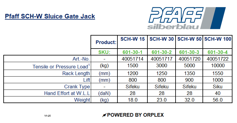 Pfaff SCH-W Sluice Gate Jack – 1500kg Capacity - Specification Specification