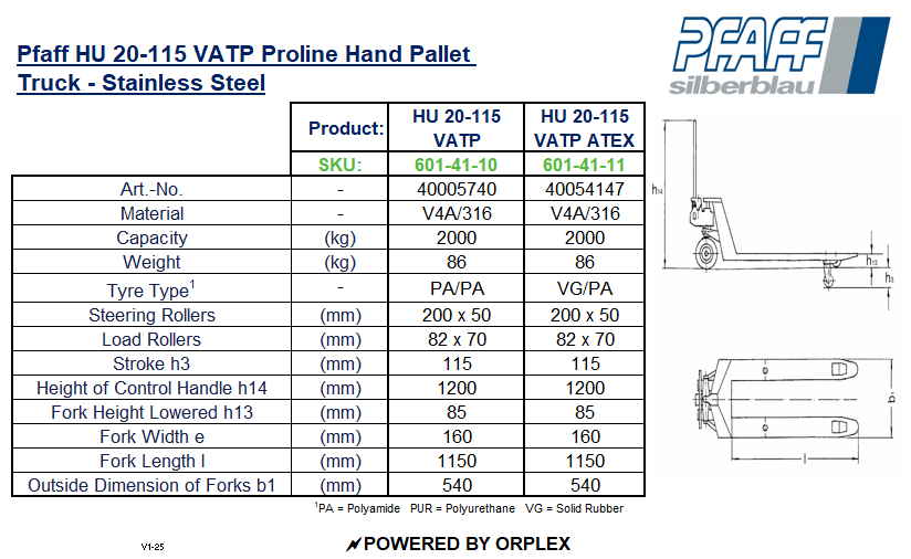 Technical specifications and diagram of a Pfaff HU 20-115 VATP Proline Hand Pallet Truck