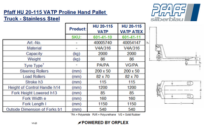 Technical specifications and diagram of a Pfaff HU 20-115 VATP Proline Hand Pallet Truck