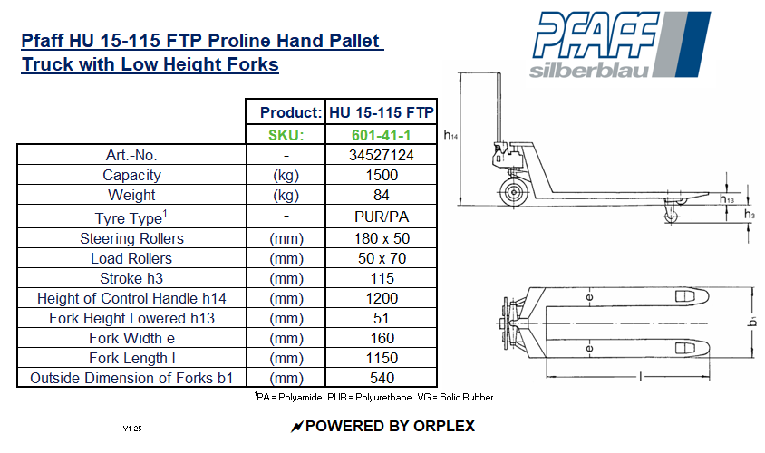 Technical Specifications for Pfaff HU 15-115 FTP Proline Hand Pallet Truck with Low Height Forks