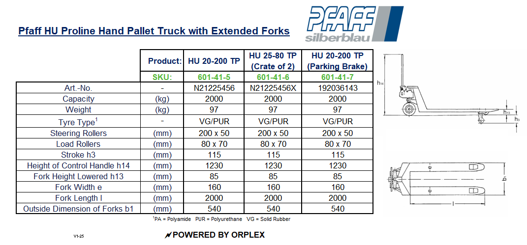 Technical specifications of a Pfaff HU Proline hand pallet truck with extended forks 