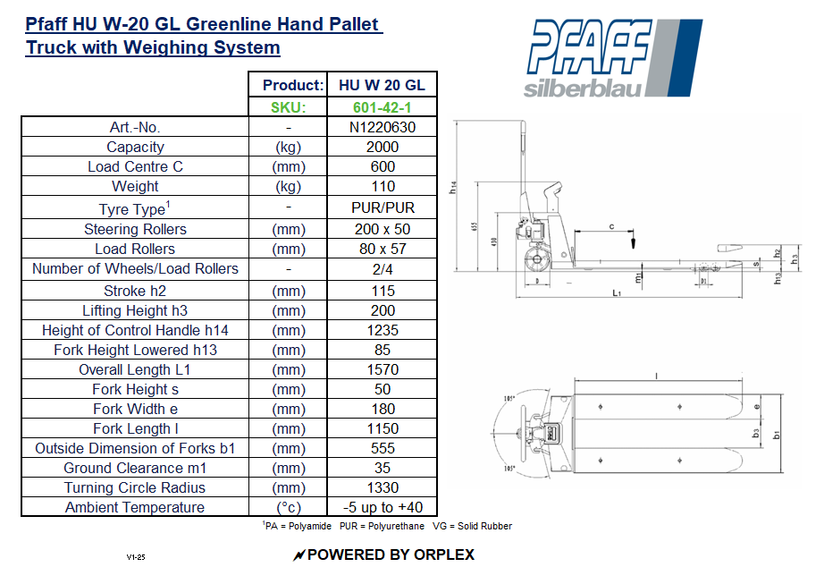 Pfaff HU W-20 GL Greenline Pallet Truck with Weighing System Table of Specification and Dimensions