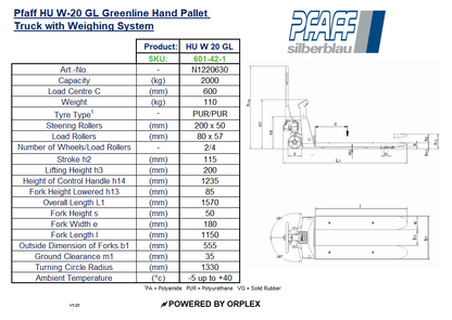 Pfaff HU W-20 GL Greenline Pallet Truck with Weighing System Table of Specification and Dimensions