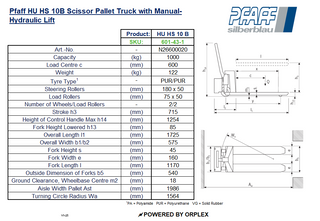 Pfaff HU HS 10 B Scissor Pallet Truck – Manual Hydraulic Lift