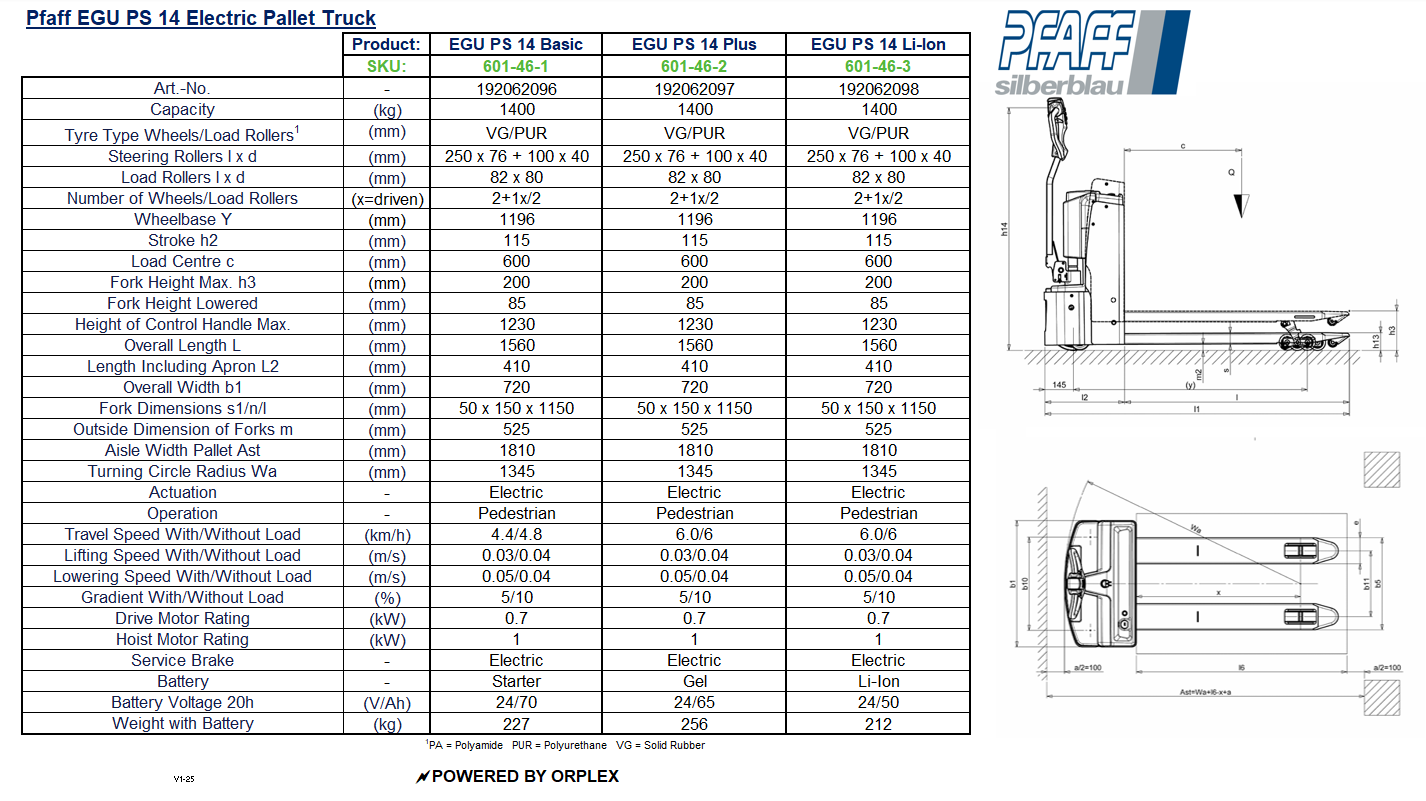 Pfaff EGU PS 14 Electric Pallet Truck Table of Dimensions and Specification with Diagram