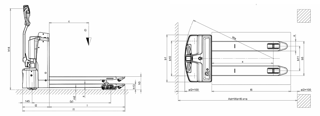 Pfaff EGU PS 14 Electric Pallet Truck Technical Drawing showing Dimensions