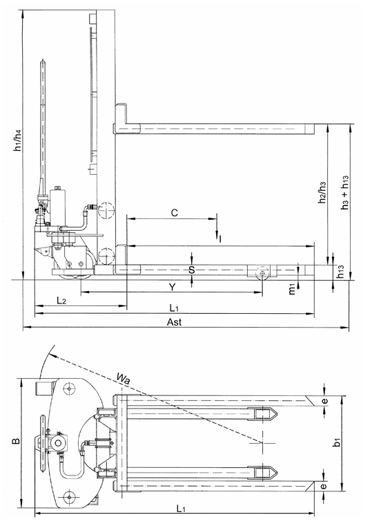 Technical Drawing showing dimensions labelled of Pfaff HV Manual Drive Stacker