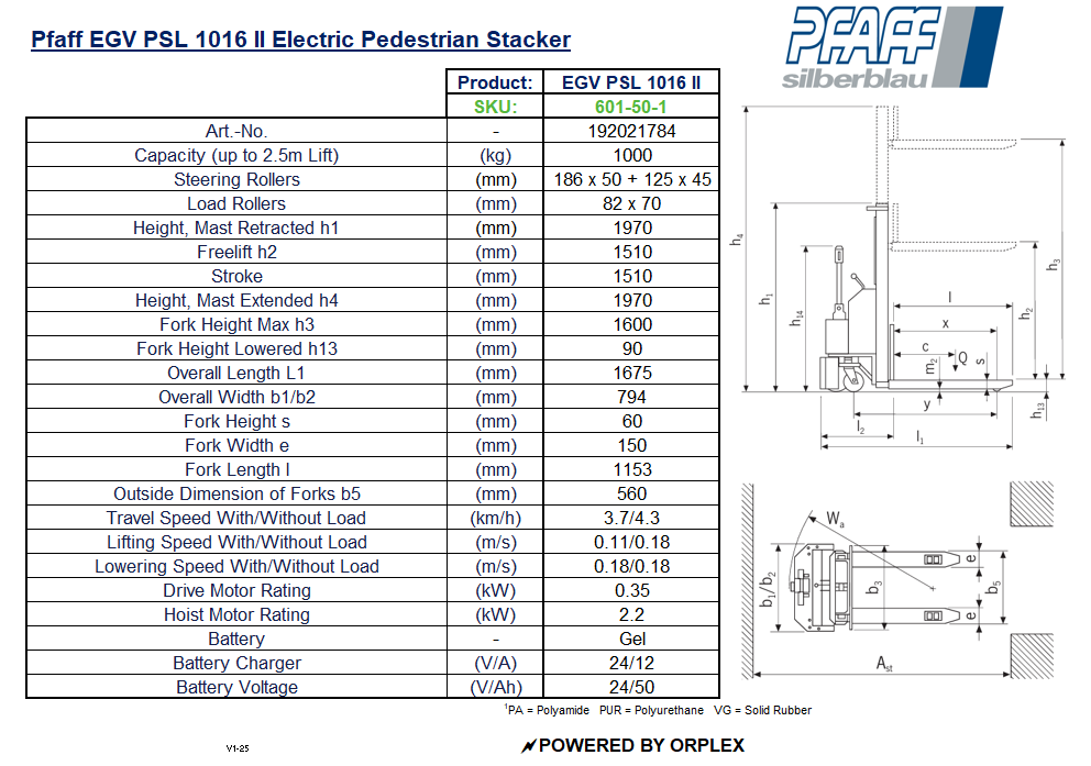 Pfaff EGV PSL 1016 II Electric Pedestrian Stacker Table showing Dimensions and Specification