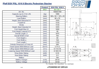 Pfaff EGV PSL 1016 II Electric Pedestrian Stacker Table showing Dimensions and Specification