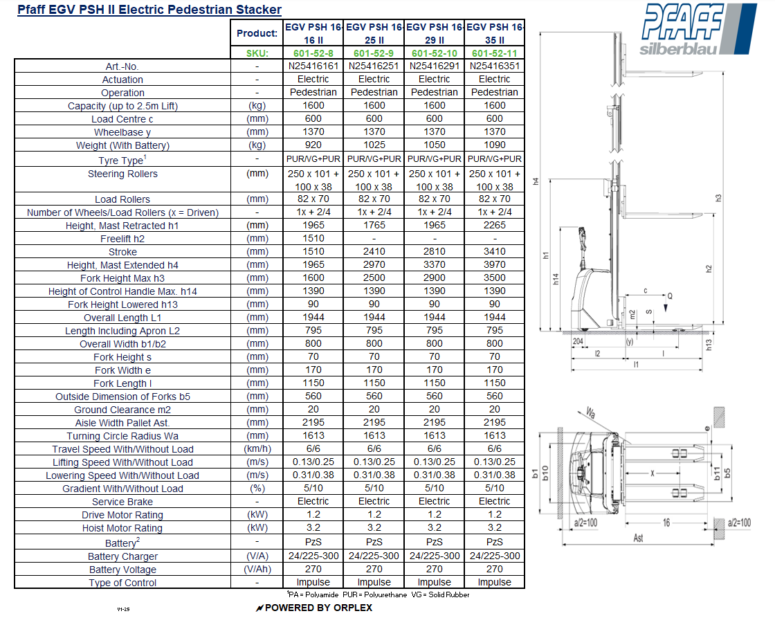 Pfaff EGV PSH 16 II Pedestrian Stacker Table of Dimensions and Specification with Diagram