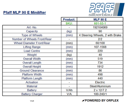 Technical specifications table for Pfaff MLP 90 E Minilifter