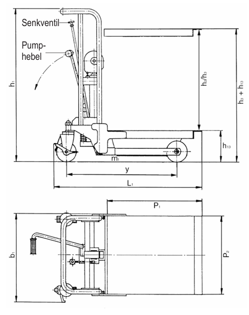 Technical Drawing of Pfaff PRAKTIKUS HP Mobile Platform Lift Table with Dimensions Labelled