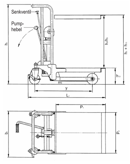 Technical Drawing of Pfaff PRAKTIKUS HP Mobile Platform Lift Table with Dimensions Labelled