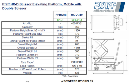 Pfaff HX-D Mobile Double Scissor Elevating Platform Table o Specification and Dimensions with Diagram