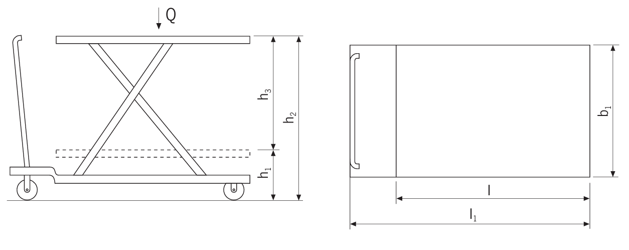 Technical Drawing of Pfaff HF Mobile Single Scissor Lift Table