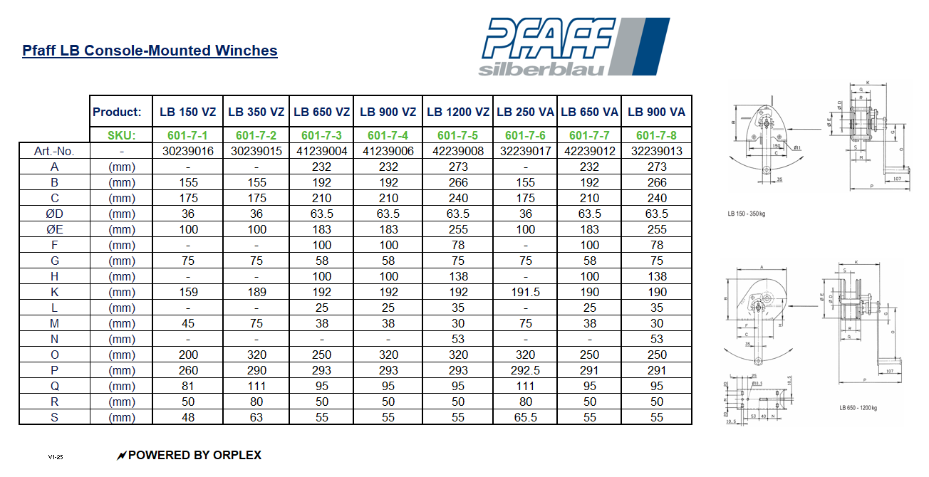 Pfaff LB Console-Mounted Wire Rope Winch Dimensions Table with Diagrams
