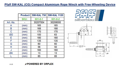 Pfaff SW-KAL (CG) Compact Aluminium Rope Winch with Free-Wheeling Device Dimensions Table with Diagrams
