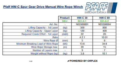 Pfaff HW-C Spur Gear Drive Manual Wire Rope Winch Specification Table
