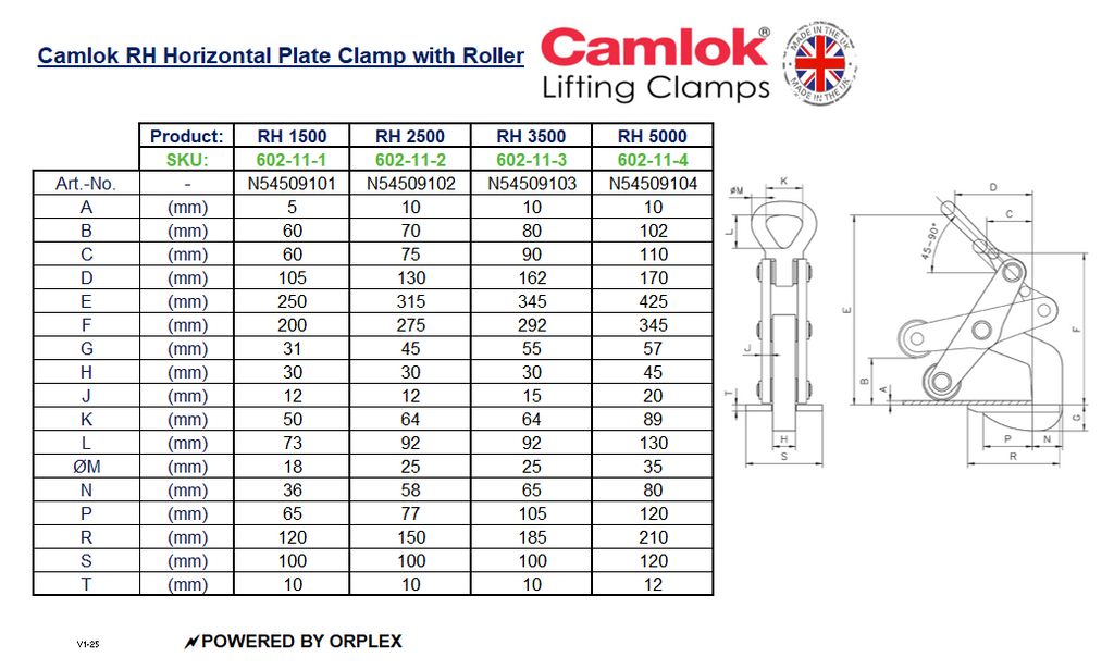 Camlok RH 1500kg Horizontal Plate Clamp – Roller - Dimensions