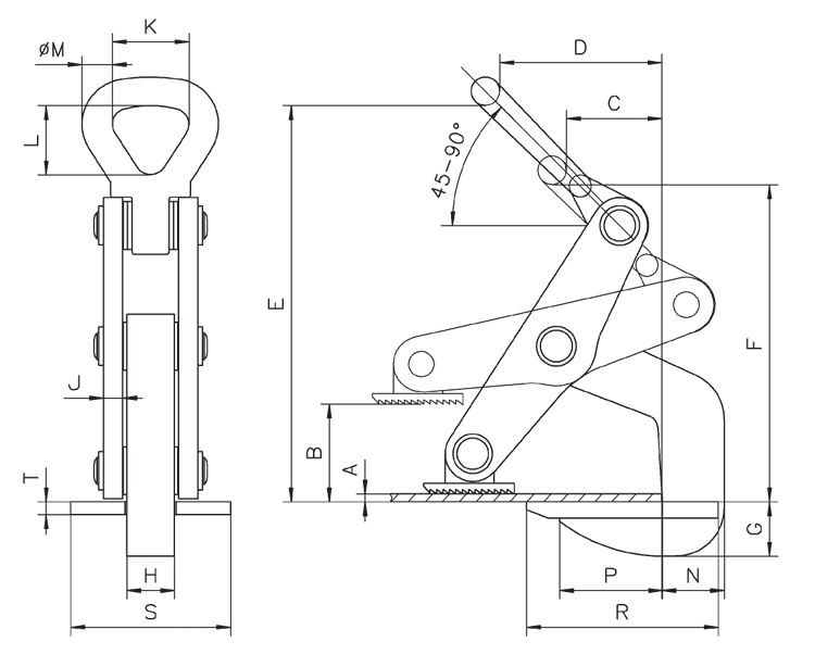 Technical drawing of Camlok WH  plate clamp with labelled dimensions