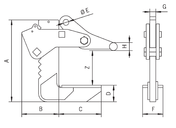 Technical drawing of Camlok ACH Adjustable Horizontal Plate Clamp