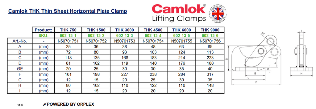 Camlok THK 1500kg Thin Sheet Horizontal Plate Clamp - Dimensions