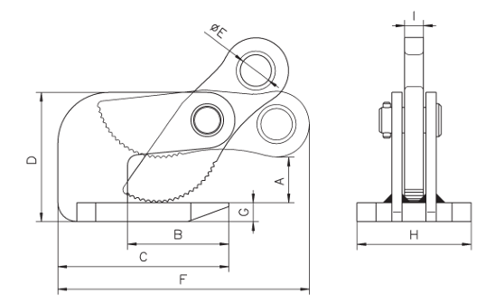 Technical drawing of Camlok THK Horizontal Plate Clamp with dimensions labelled